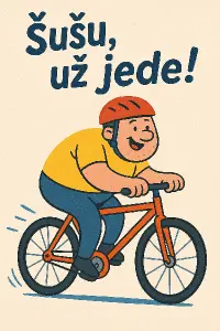 na obrazku by mel byt krasne vtipne zobrazen text: Šušu, už jede! zmen obrazek na kolo