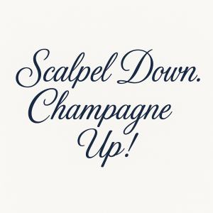 elegantní jemný nápis v tmavě modré barvě: „Scalpel Down. Champagne Up!“ (bez těch uvozovek). Patkové písmo, kurzíva