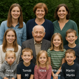 Děda 80. Dcery Jaroslava, Božena,Jindřiška.vnoučataPetra,Tomáš,Klára, Mikuláš, Eliška, Martin.Pravnoučata Daniel, Lada