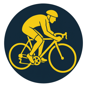 Illustration of a cyclist entirely in yellow, within a dark blue circle. No background