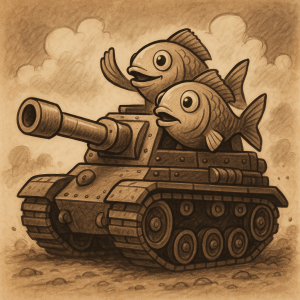 Two fish driving armored tank
