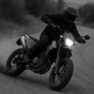 Supermoto KTM SMC r 690 se světlem jak jede jakože do zatáčky smykem a šedé ať je to jak postaru (nevidět do obličeje)