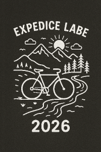 Text "Expedice Labe 2026"bílý motiv krajiny a kola znázorňující dlouhé putování na kole