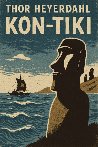 Nápisy: Thor Heyerdahl KON TIKIObrázek: Motivy moře, silueta Velikonočního ostrova, sochy Moai