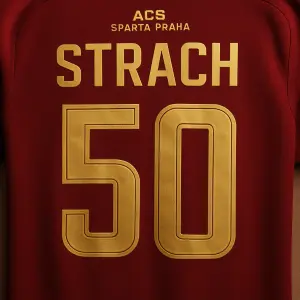 Zlatý nápis "Strach", pod tím "50". Ať to vypadá jako nápis na fotbalovém dresu ACS Sparta Praha.