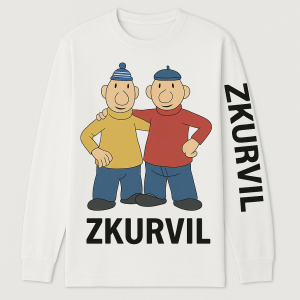 Vepředu obrázek pata a Mata společně Na rukávu napsáno Zkurvil