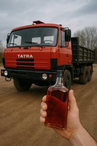 Nákladní automobil tatra s rumem v ruce