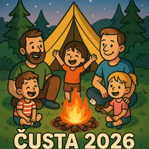 Kresleny obrazek s dětmi a tatinky, stan, táborák, v popředí text Čusta 2026 víc dětí bez kytary