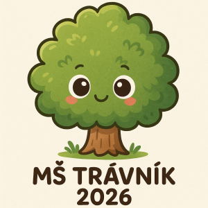 Roztomily detsky listnaty stromecek s velkyma ocima, pod nim napis MŠ Trávník 2026