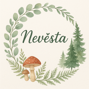 Nápis "Nevěsta" v eukaliptovém kruhu s prvky lesa