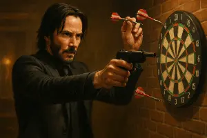 John Wick jak hraje šipky a střílí na terč