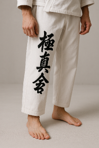 Kyokushin karate kanji na levé nohavici zepředu