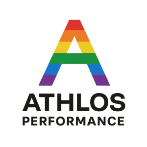 Pro firmu Ahtlos Performance vutvor logo jako symobl pismene A s duhovymi barvamy a napisem Athlos Performance pod tim