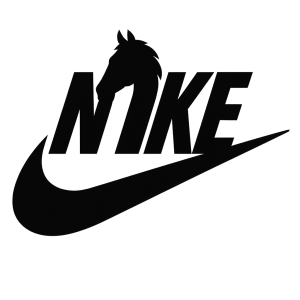 Nápis Nike, ale místo písmene "i" vlož obrázek obrysu koňské hlavy