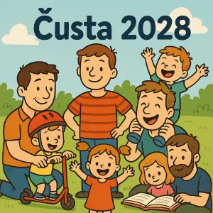 Kresleny obrazek s dětmi a tatinky v popředí text Čusta 2028