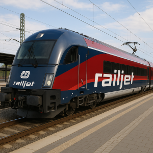 Vlak railjet s nápisem railjet od čd