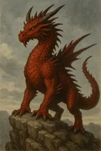 Červený drak s rohy a ostny, stojící na skalce.