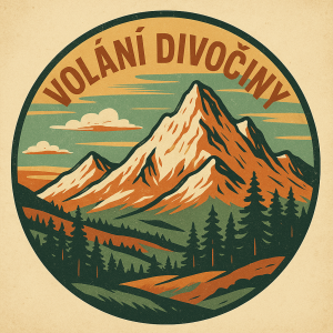 „Vintage horská krajina s nápisem ‚Volání divočiny‘, retro barvy, kruhový design“