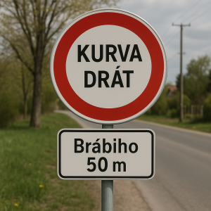 Kulatá dopravní značka uvnitř vlastní fotografie,pod ní dodatková tabulka s nápisem,, Kurva drát Brabiho 50 "