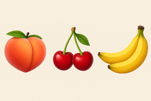 Chtěla bych na obrázku emoji broskve dvojité třešně spojené šťopkou a banány