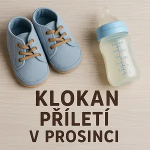 Dětské botičky dětská flaška a napis klokan přiletí v prosinci