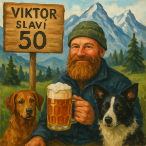 Viktor slaví 50. Má rad hory a psy, vlastní pivovar. Má plnovous a čepici. Obrazek malovaný