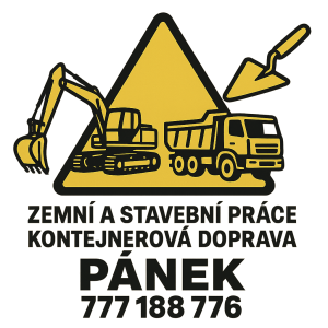 zemní a stavební práce kontejnerová doprava Pánek 777188776 logo triangl bagr, nákladní auto a zednicka lzice