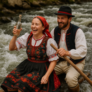 Na obrázku je muž a žena z Valašska v krojích na divoké řece, žena se směje a drží v ruce láhev slivovice a muž mástrac