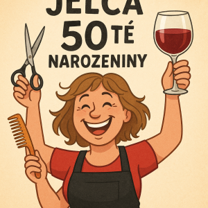 Jelča, veselá kadeřnice s nůžkami, hřebenem a sklenkou vína, jak oslavuje 50té narozeniny