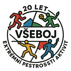 Logo sportovně kulturní akce s názvem Všeboj, která slaví dvacáté výročí. Akce se vyznačuje extrémní pestrostí aktivit.