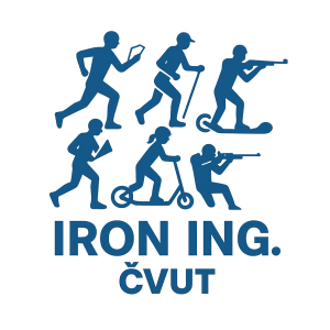 Logo sportovní štafetové akce ČVUT s názvem Iron Ing. Součástí je běh, orientační běh, paddleboard, koloběžka, biatlon.