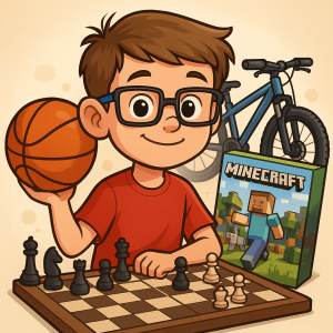Kluk 8 let, obdelnikove bryle cerne a modre pacicky, basketbalovy mic, šachy, Minecraft, MTb bike, animak