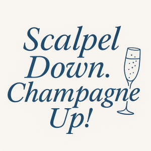 elegantní text ve střednětmavěmodré barvě:„Scalpel Down. Champagne Up!“(bez uvozovek).Patkové písmo, kurzíva sklenka