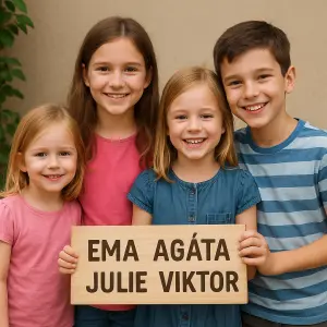 děda pryč. místo vyšší hnědovlasé holky bude kluk. Z nápisu 4 děti budou umístěna jména: Ema, Agáta, Julie a Viktor