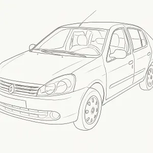 obrys v jednoduchých čarách auta renault Thalia. podled ze šikma zepředu