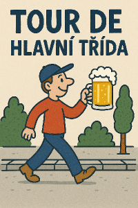Nápis Tour de Hlavní třída s chodcem držícím pivo