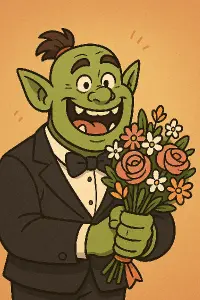 veselý ork se svatební kytkou v ruce, styl kartoon