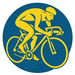 Abstract Illustration of a man on a racing bicycle. Only in yellow. On a blue circle. No background