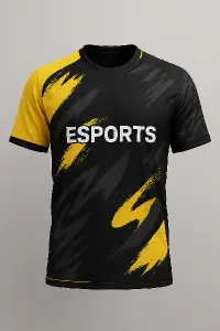 Černo-žlutý esports dres, Dva abstraktní žluto-šedé vzory. Levý rukáv žlutý, pravý černý se šedým vzorem.