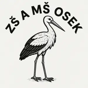 chtěla bych černobílý obrázek čápa a kolem nápis ZŠ a MŠ Osek