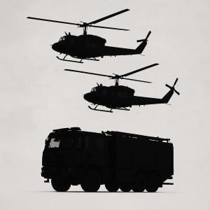 siluety šikmo letících 2 UH 1Y pod nimi silueta Tatra force hasičská