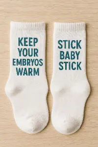 Ponožky pro úspěšný embryo transfer, každá s jiným povzbuzující, textem.