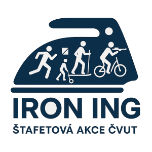 Logo jako žehlička štafetové akce ČVUT s názvem IRON ING. Součástí je běh, orienťák, paddleboard, koloběžka a biatlon.