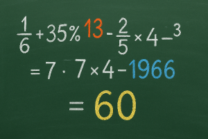 MOC DLOUHY příklad bude obsahovat zlomky, procenta, dělení, násobení, mocniny atd. a cislo 6,13,1966 barevne vysledek 60