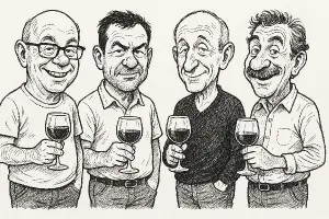karikatura 4 otců, kteří v ruce drží skleničku vína. Karikatura není barevná, jen černobílá