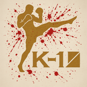 K-1 LOGO SE SIULETOU K-1 Bojovníkem ve zlaté barvě s okolím pocakane krvi
