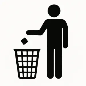 panáček, jako je na symbolu třídení odpadu, jak hází odpadek ne do koše, ale vedle