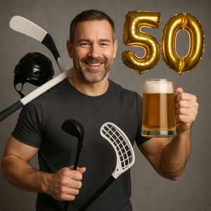Muž sportovní postavy,má rád lední hokej, golf, florbal, krátké vlasy a vousy,lehce prošedivělý,má rád pivo a slaví 50