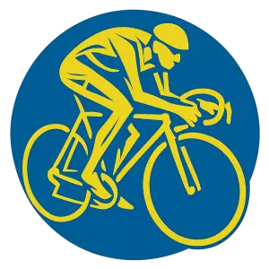 Abstract Illustration of a man on a racing bicycle. Only in yellow. On a blue circle. No background