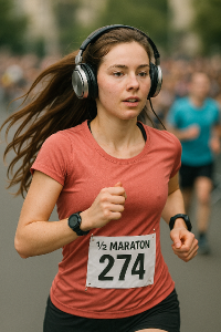 dívka s dlouhými vlasy a velkými sluchátky běží půl maraton